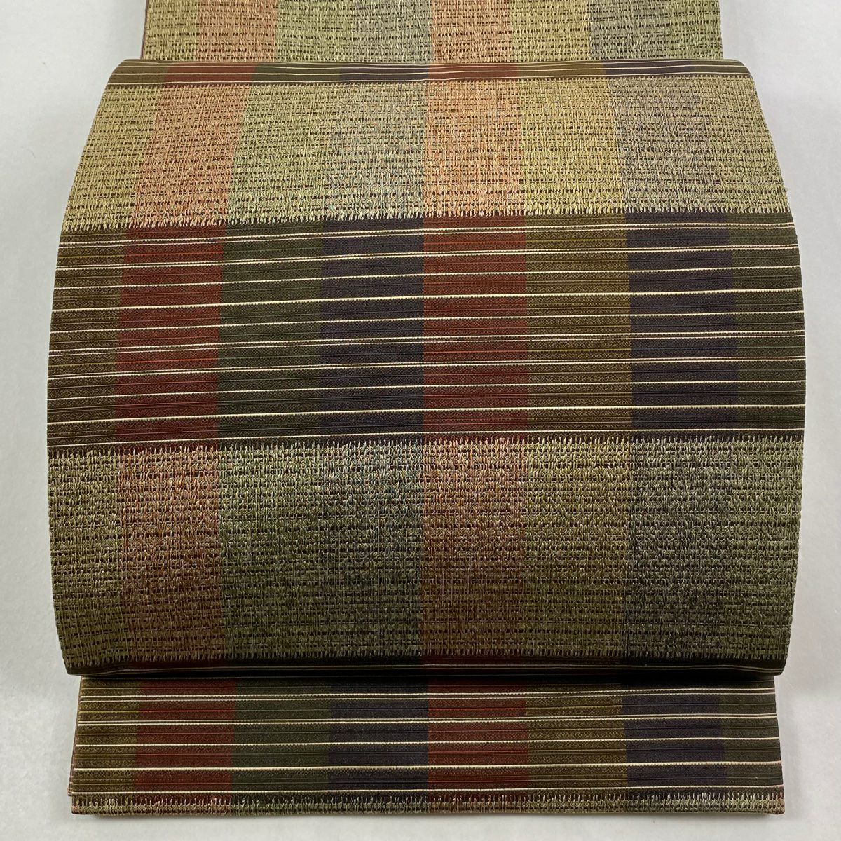 【美品】 袋帶 秀品級 段紋 茶 全通 純蠶絲