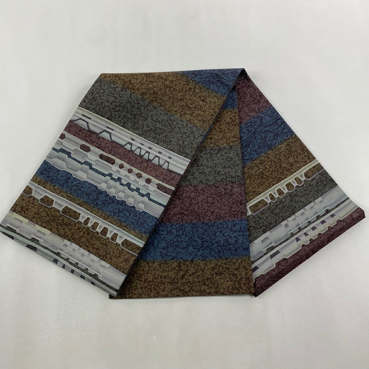 【美品】 袋帶 秀品級 紬織織 幾何學 茶 お太鼓圖案 純蠶絲