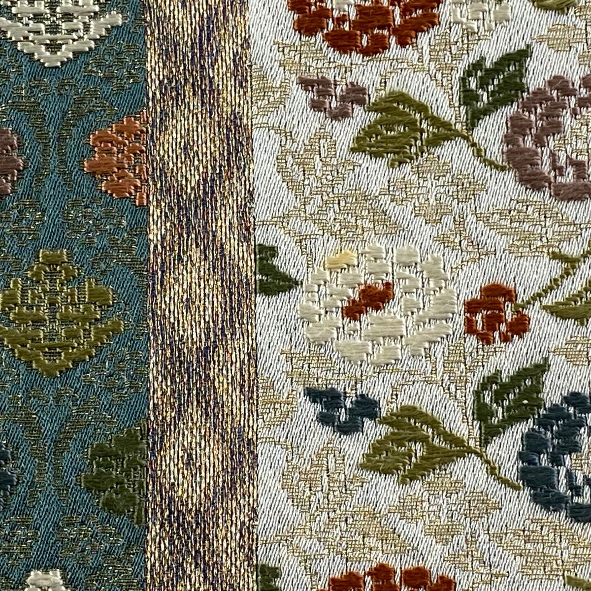 【美品】 袋帶 秀品級 草花紋紋 菱形 金絲 綠色 六通 純蠶絲