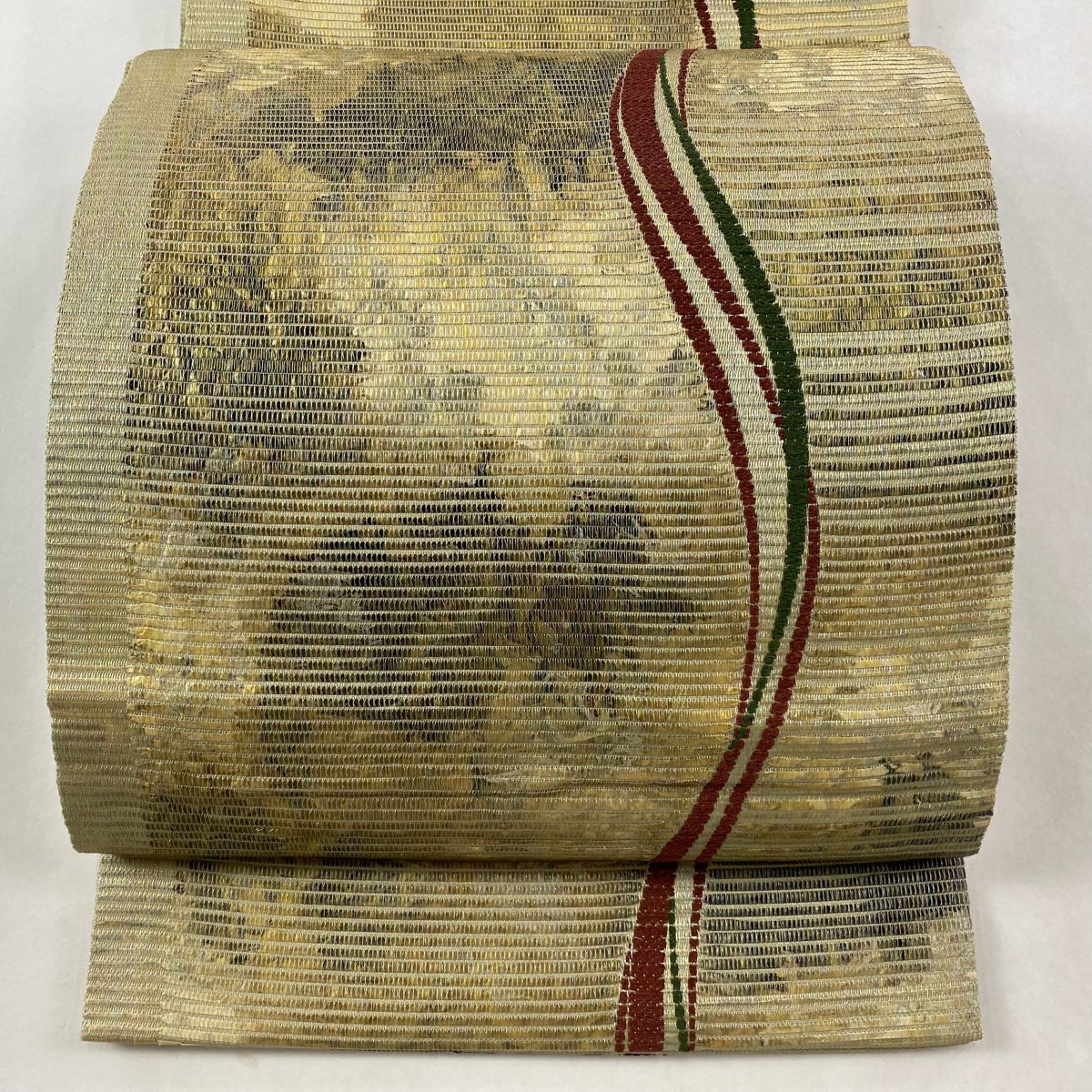 【美品】 袋帶 秀品級 幾何學 金銀線 米色 六通 純蠶絲