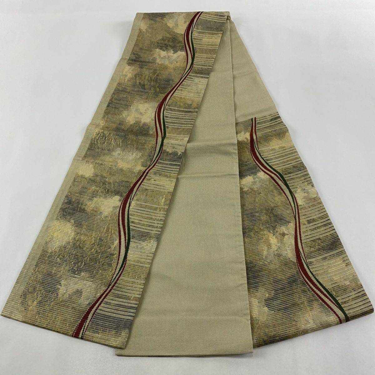 【美品】 袋帶 秀品級 幾何學 金銀線 米色 六通 純蠶絲
