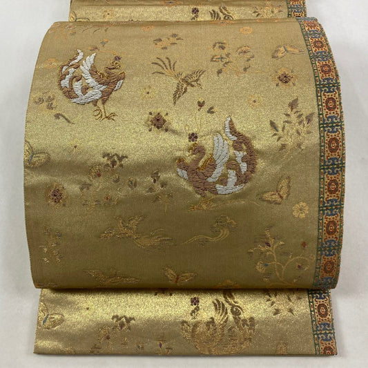 袋帶 秀品級 樓蘭綴 蒙流織 鳳凰 花蝶 金色 大鼓圖案 純蠶絲