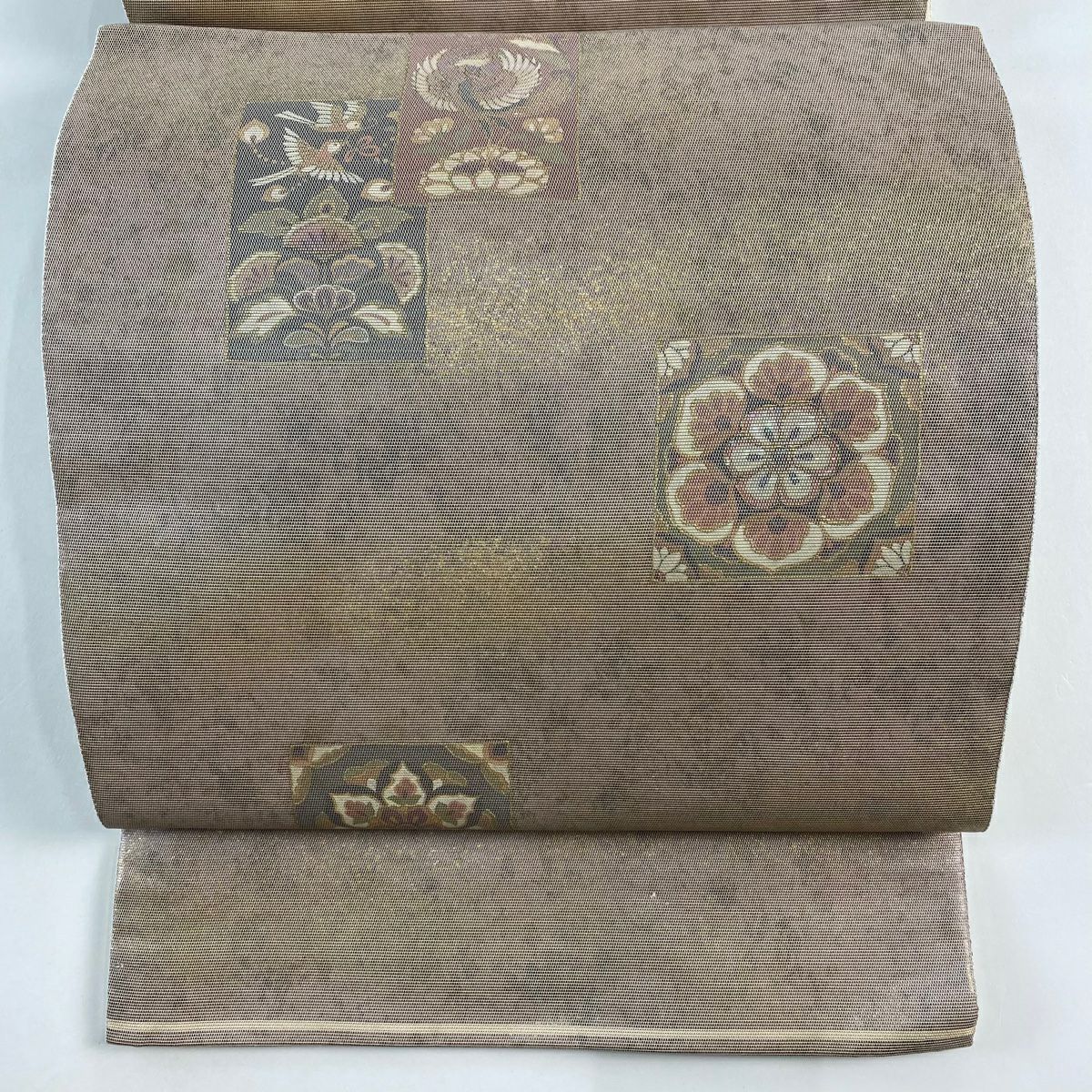 袋帶 秀品級 關西仕立 雜花紋 花鳥 螺鈿金金箔 金金箔 淺小豆 大鼓紋 純蠶絲