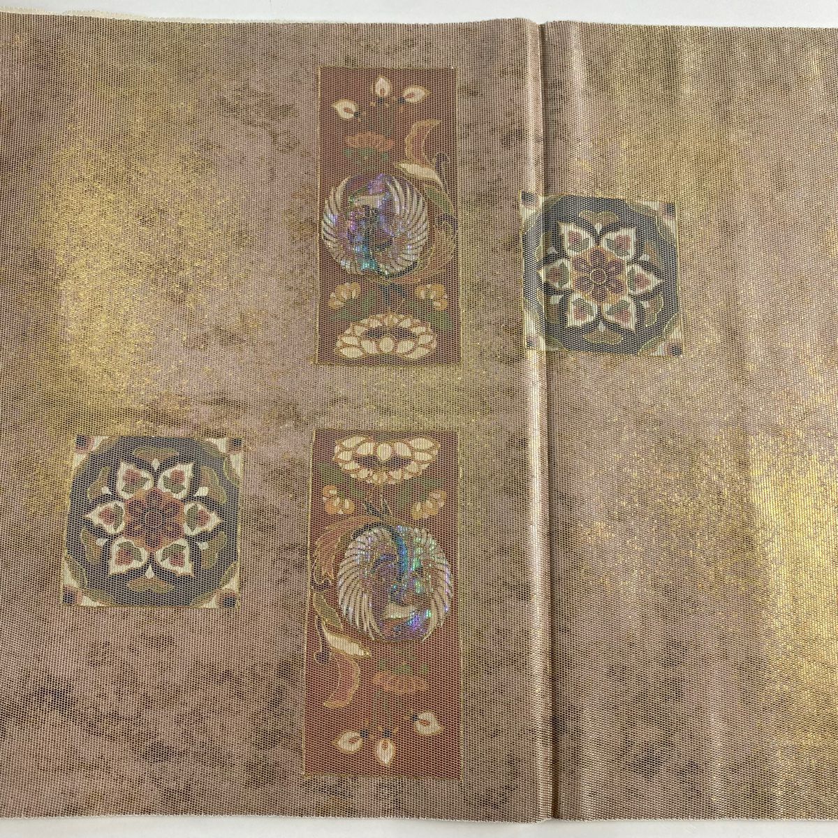 袋帶 秀品級 關西仕立 雜花紋 花鳥 螺鈿金金箔 金金箔 淺小豆 大鼓紋 純蠶絲