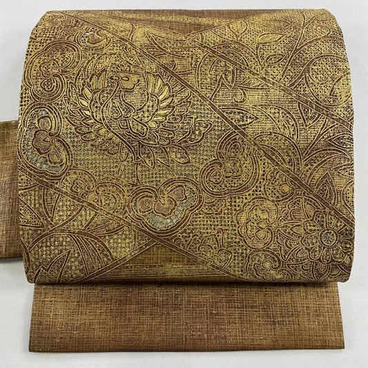 【美品】 名古屋帶 秀品級 華紋 鳳凰 金銀彩 刺繡 金茶 純蠶絲