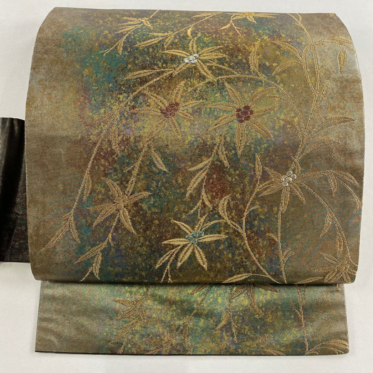 【美品】 名古屋帶 秀品級 草花紋 金銀彩 金茶 純蠶絲