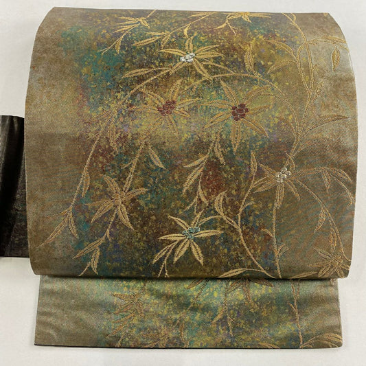 【美品】 名古屋帶 秀品級 草花紋 金銀彩 金茶 純蠶絲