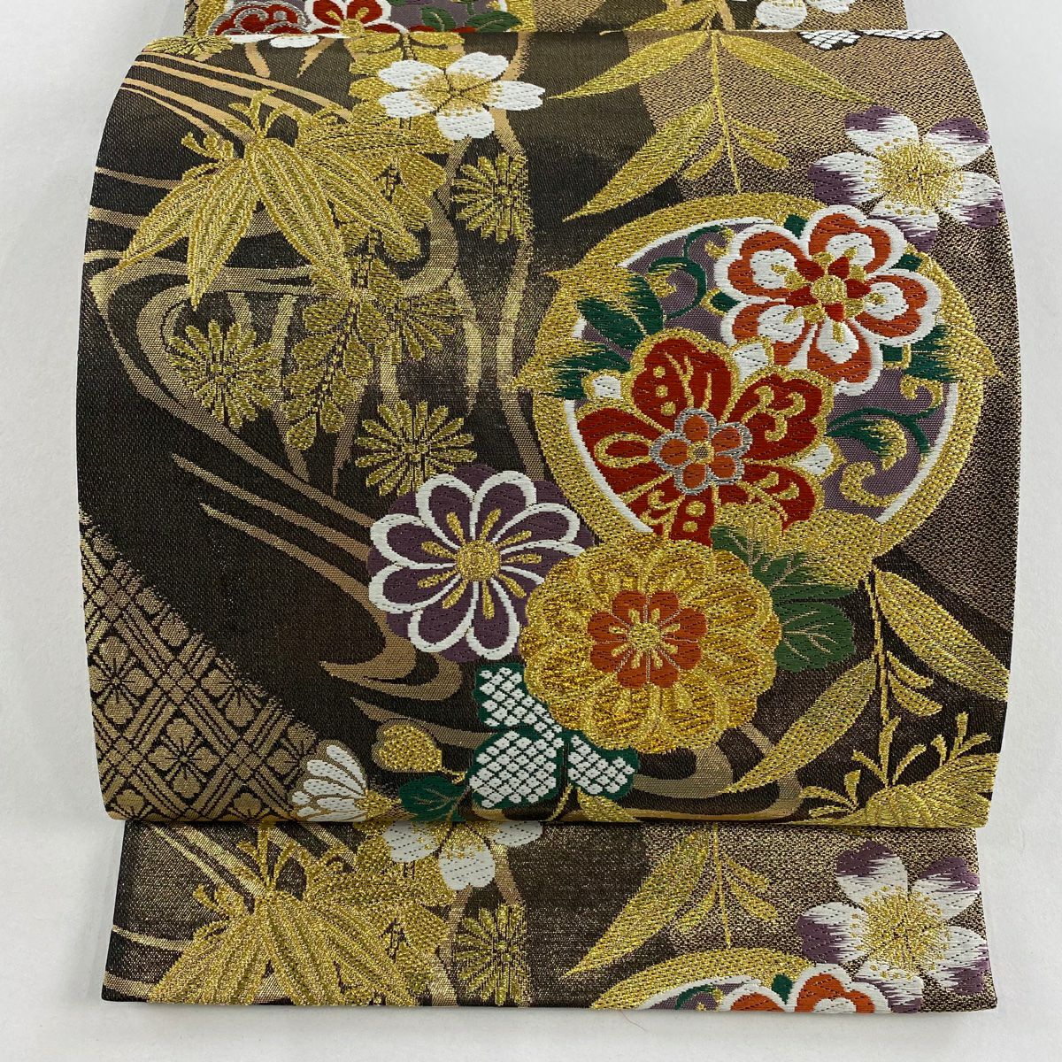 【美品】 袋帶 秀品級 草花紋 流水 金銀線 唐織 金茶 六通 純蠶絲