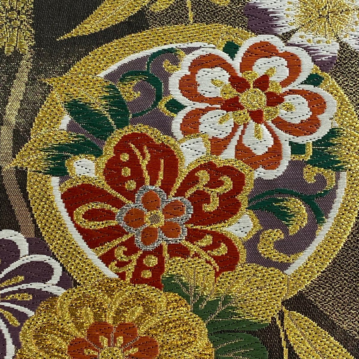 【美品】 袋帶 秀品級 草花紋 流水 金銀線 唐織 金茶 六通 純蠶絲