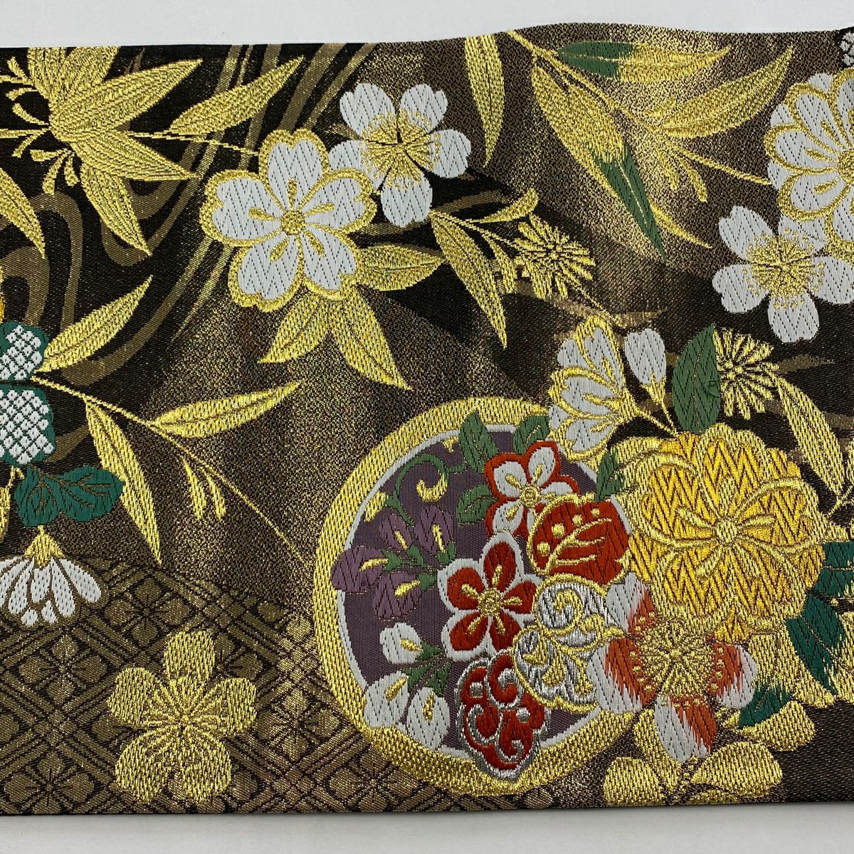 【美品】 袋帶 秀品級 草花紋 流水 金銀線 唐織 金茶 六通 純蠶絲