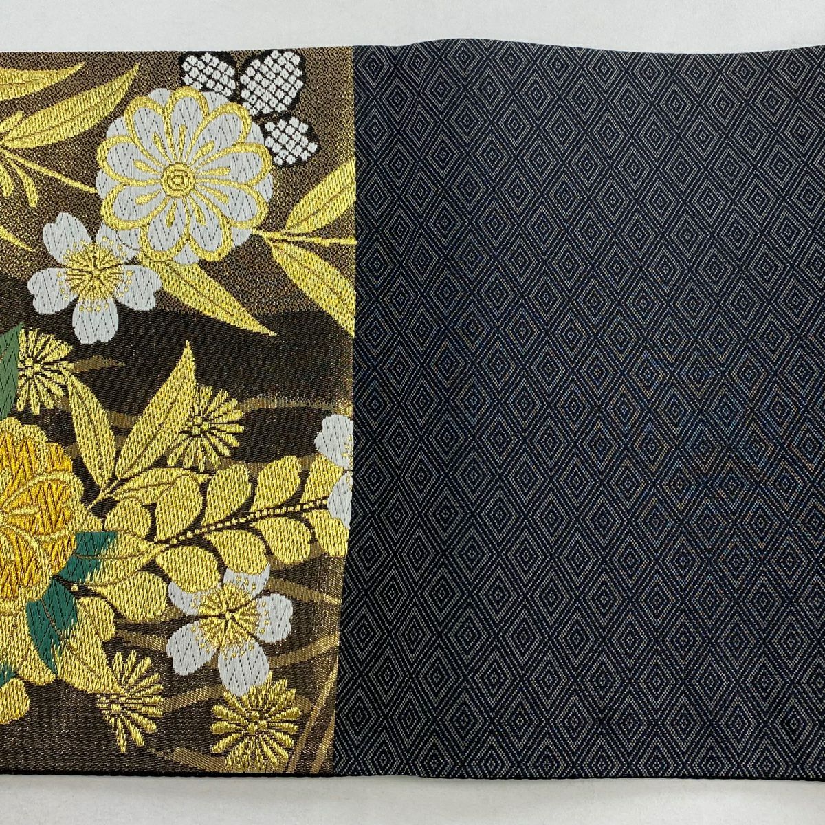 【美品】 袋帶 秀品級 草花紋 流水 金銀線 唐織 金茶 六通 純蠶絲