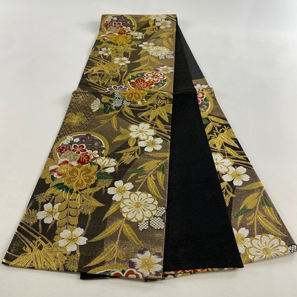【美品】 袋帶 秀品級 草花紋 流水 金銀線 唐織 金茶 六通 純蠶絲