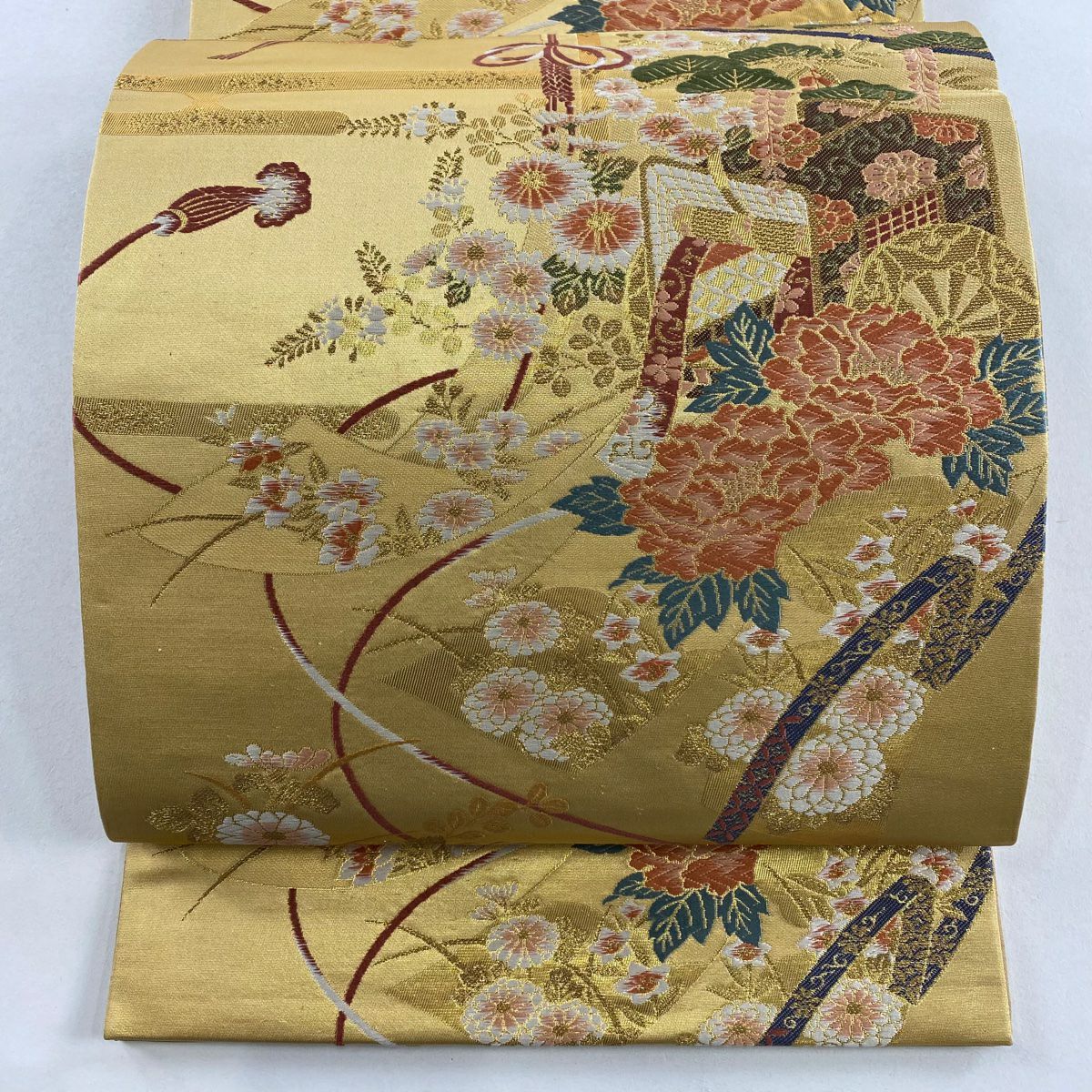【美品】 袋帶 秀品級 御所車 草花紋 金糸 金金箔 黃土色 六通 純蠶絲