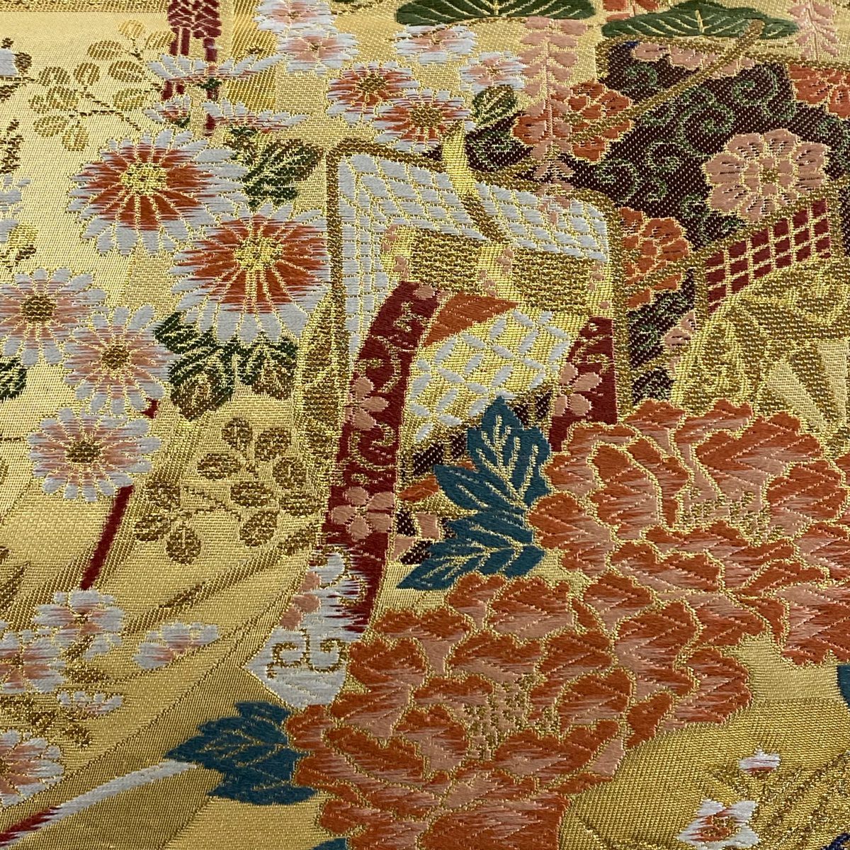 【美品】 袋帶 秀品級 御所車 草花紋 金糸 金金箔 黃土色 六通 純蠶絲