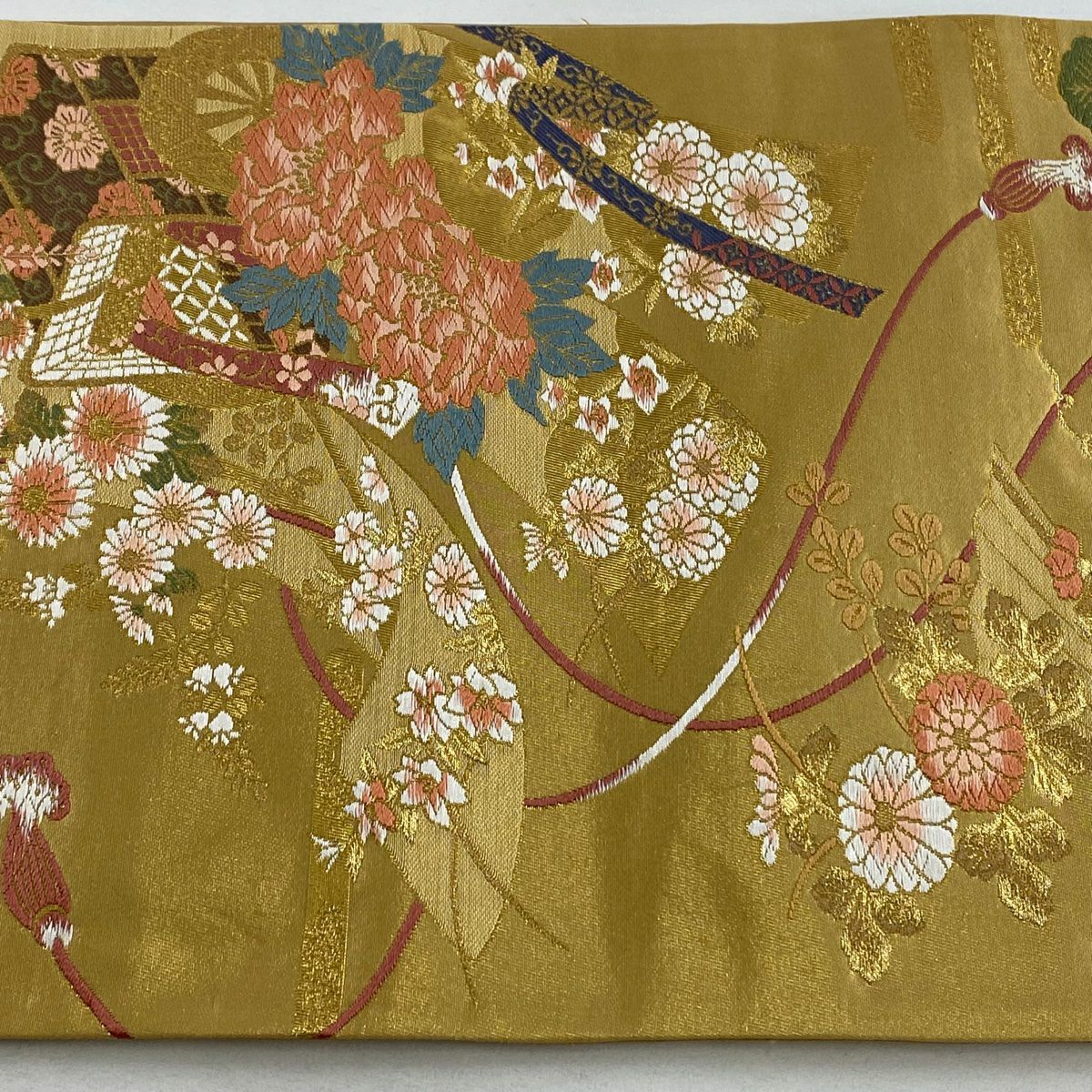 【美品】 袋帶 秀品級 御所車 草花紋 金糸 金金箔 黃土色 六通 純蠶絲