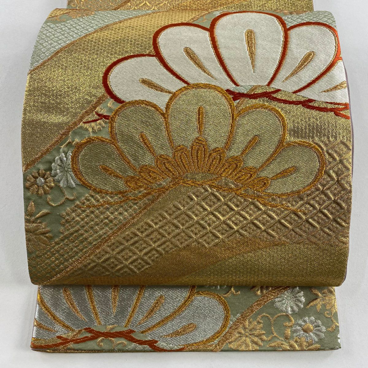 【美品】 袋帶 秀品級 笠松樹 花唐草紋 金銀彩 金金箔 金 六通 純蠶絲