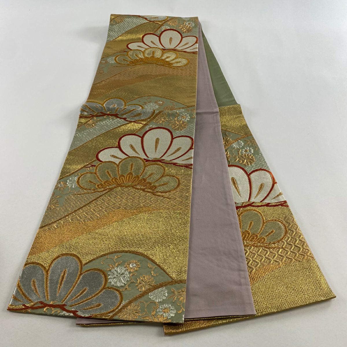 【美品】 袋帶 秀品級 笠松樹 花唐草紋 金銀彩 金金箔 金 六通 純蠶絲