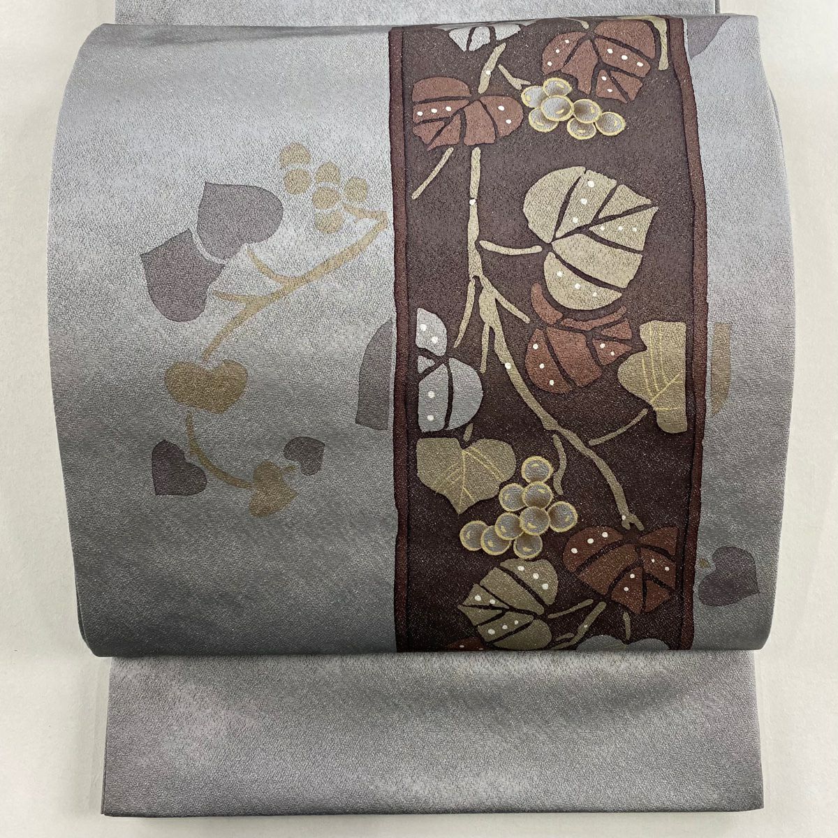 【美品】 袋帶 秀品級 葉 實 金銀彩 灰 深藍色 お太鼓圖案 純蠶絲