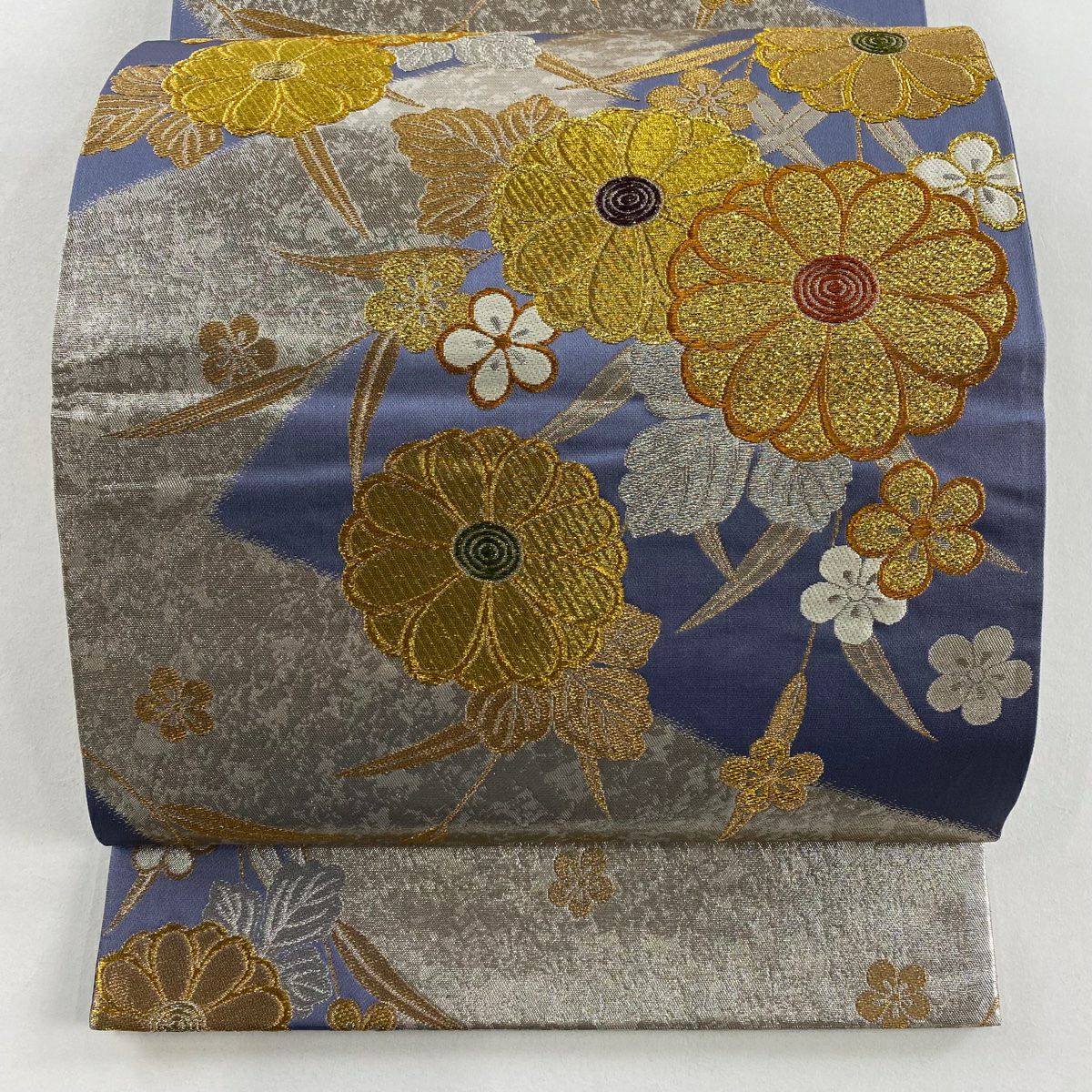 【美品】 袋帶 秀品級 草花紋紋 梅花 金銀彩 金金箔 紫 六通 純蠶絲