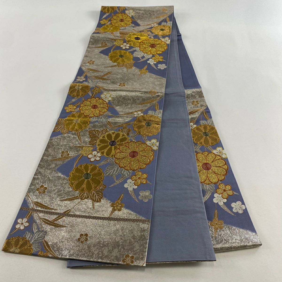 【美品】 袋帶 秀品級 草花紋紋 梅花 金銀彩 金金箔 紫 六通 純蠶絲