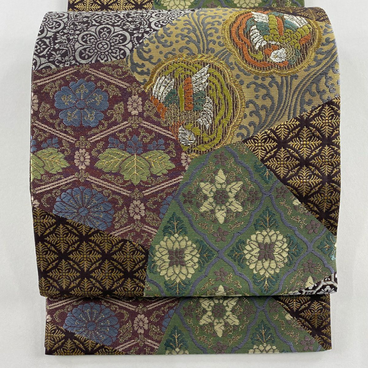 【美品】 袋帶 秀品級 草花紋紋 鳥 金絲 金金箔 紫 六通 純蠶絲