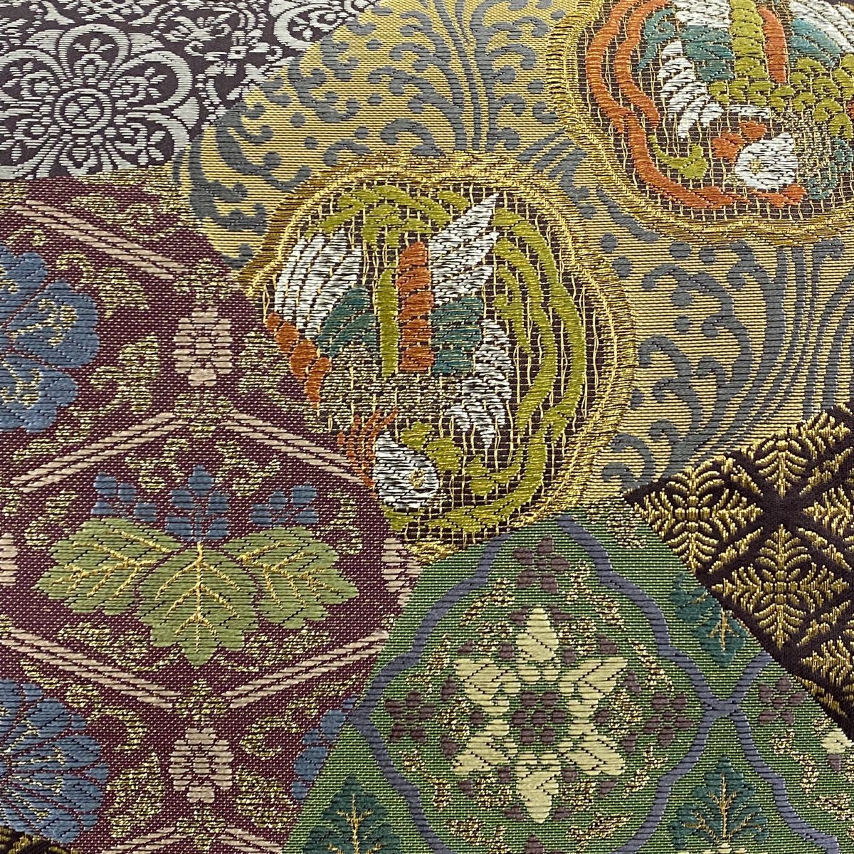 【美品】 袋帶 秀品級 草花紋紋 鳥 金絲 金金箔 紫 六通 純蠶絲