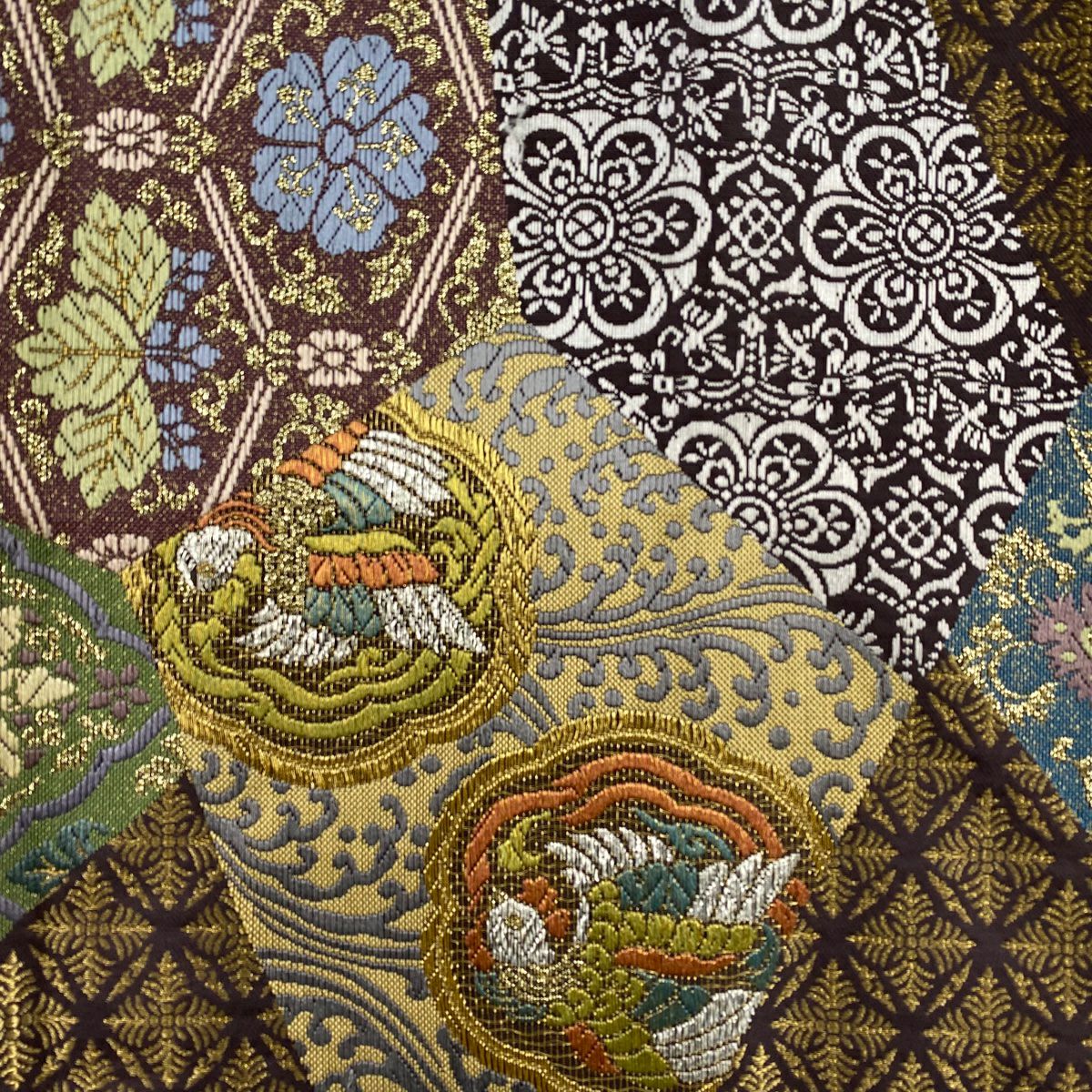 【美品】 袋帶 秀品級 草花紋紋 鳥 金絲 金金箔 紫 六通 純蠶絲