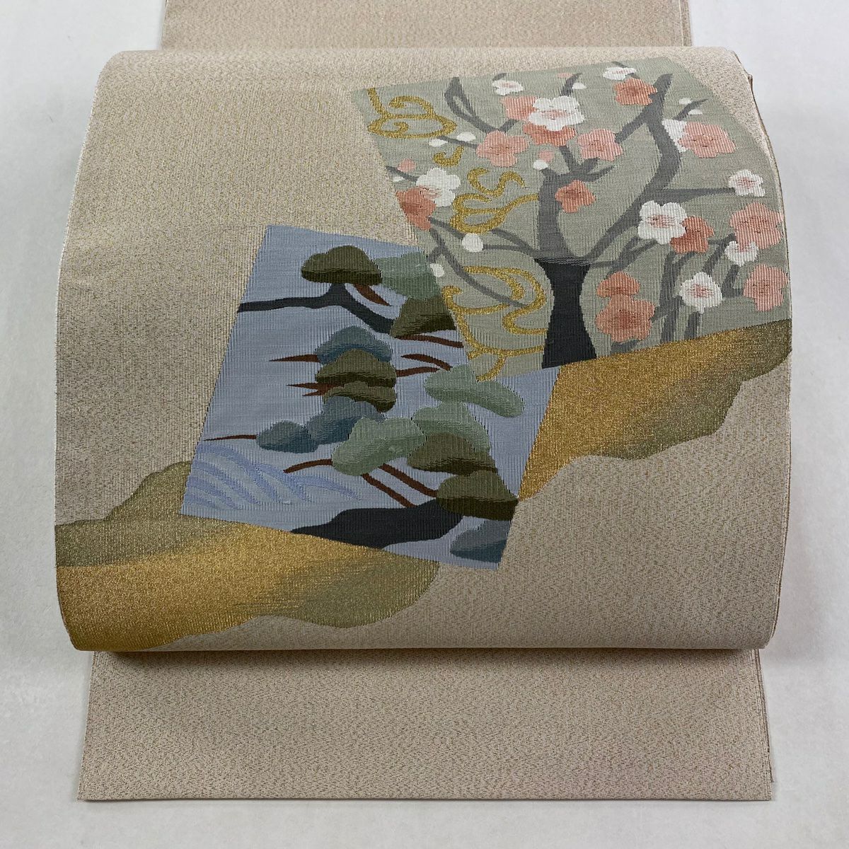 【美品】 名古屋帶 秀品級 八寸名古屋帶 色紙 松樹梅花 金絲 米色 純蠶絲