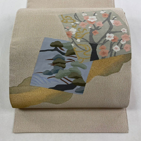【美品】 名古屋帶 秀品級 八寸名古屋帶 色紙 松樹梅花 金絲 米色 純蠶絲