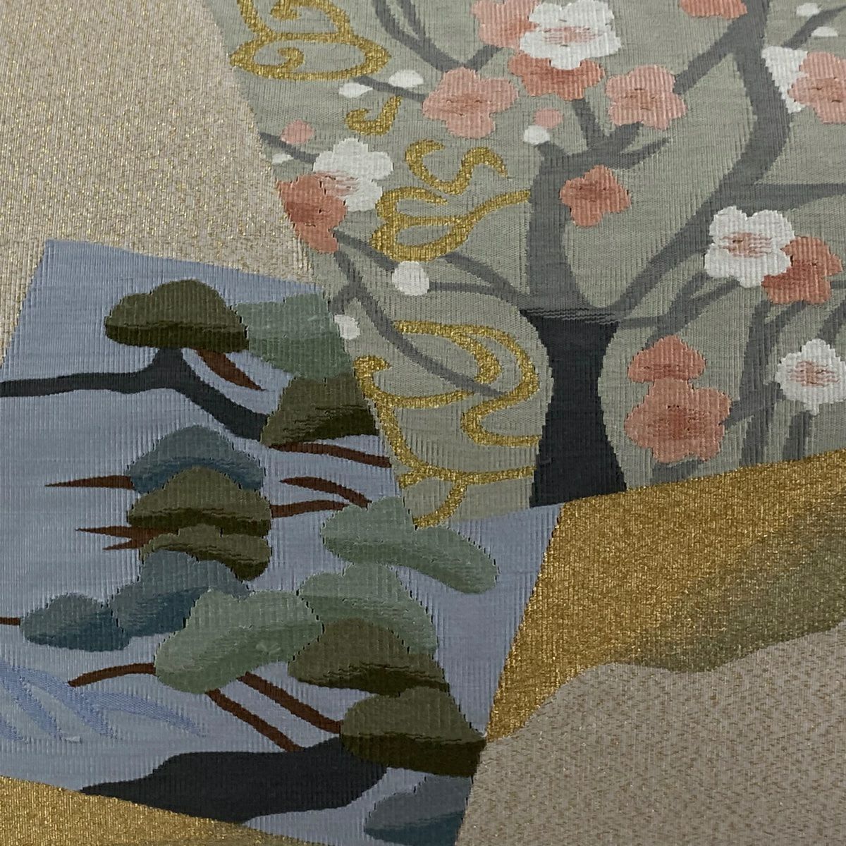 【美品】 名古屋帶 秀品級 八寸名古屋帶 色紙 松樹梅花 金絲 米色 純蠶絲