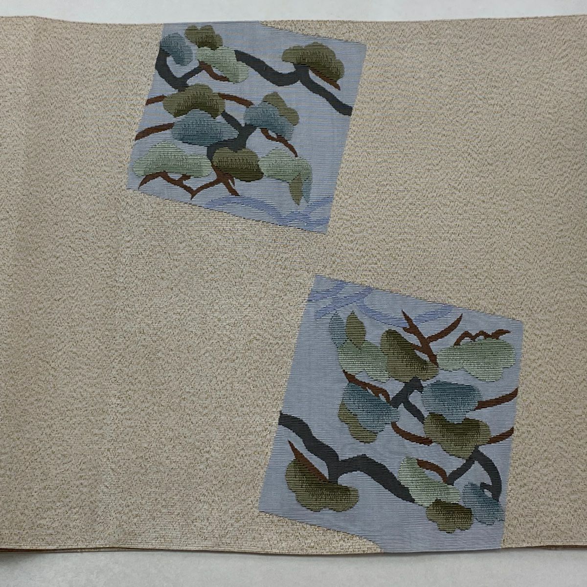 【美品】 名古屋帶 秀品級 八寸名古屋帶 色紙 松樹梅花 金絲 米色 純蠶絲