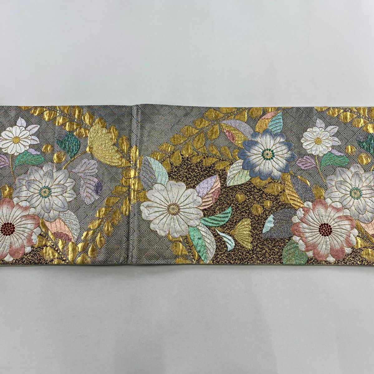 袋帶 秀品級 草花紋紋 菱形 金銀彩 金金箔 灰色 全通 純蠶絲