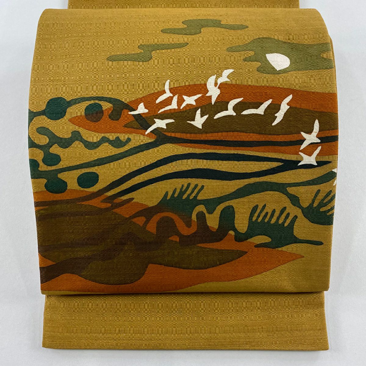【美品】 袋帶 秀品級 附落款 紬織織 霞 山吹茶 素材 純蠶絲
