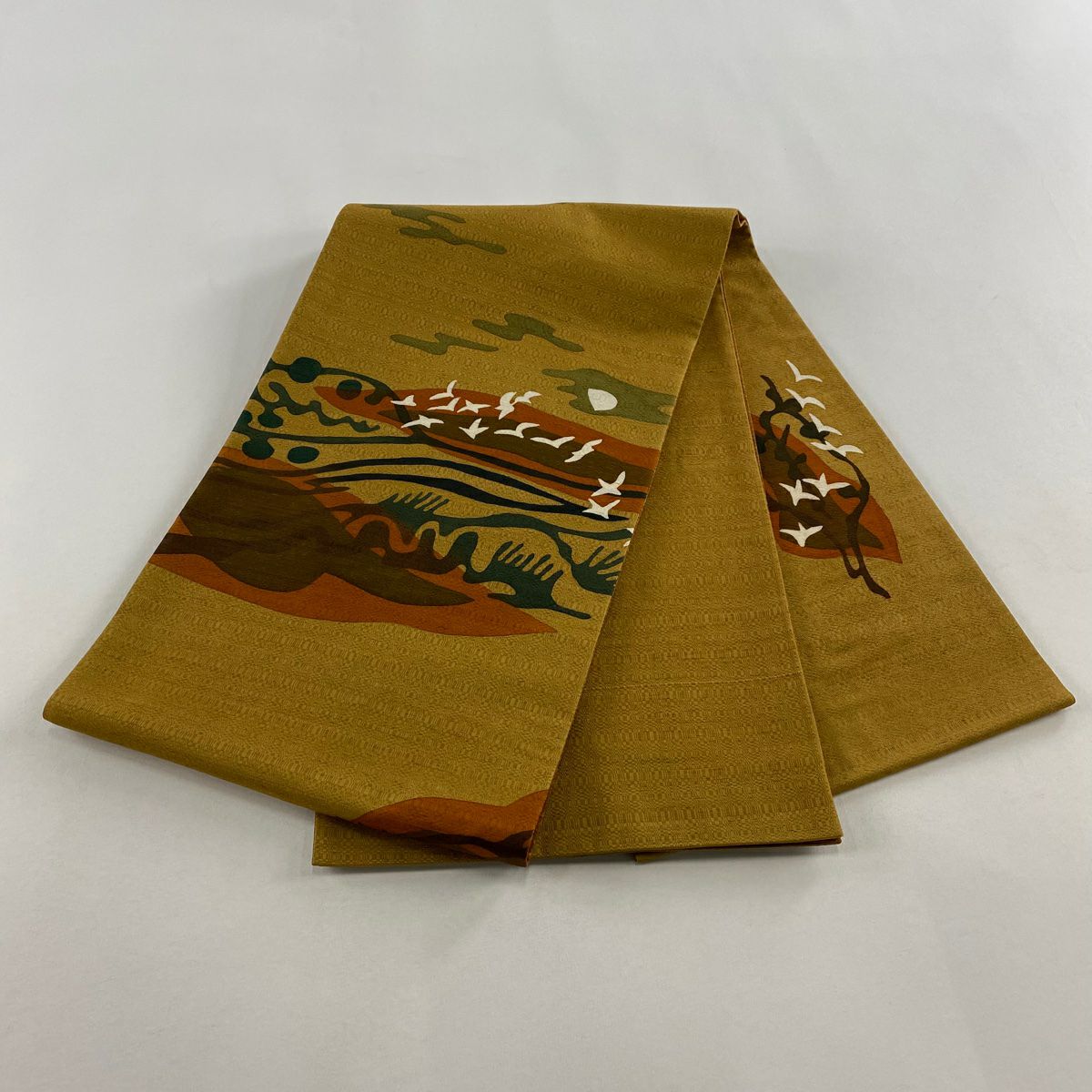 【美品】 袋帶 秀品級 附落款 紬織織 霞 山吹茶 素材 純蠶絲