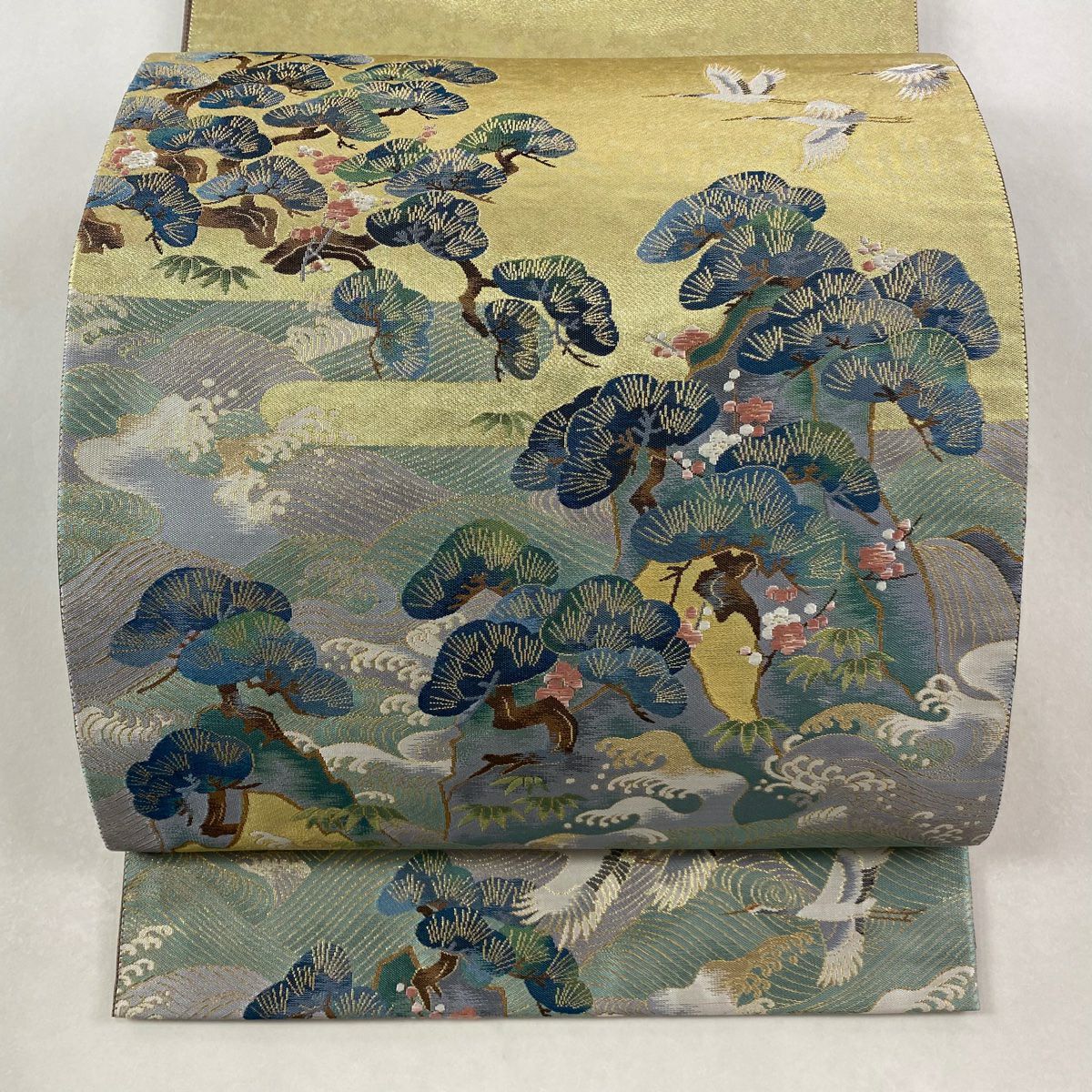 【美品】 袋帶 秀品級 落款あり 松樹竹子梅花 仙鶴 金金箔 金絲 灰綠 お太鼓柄 純蠶絲