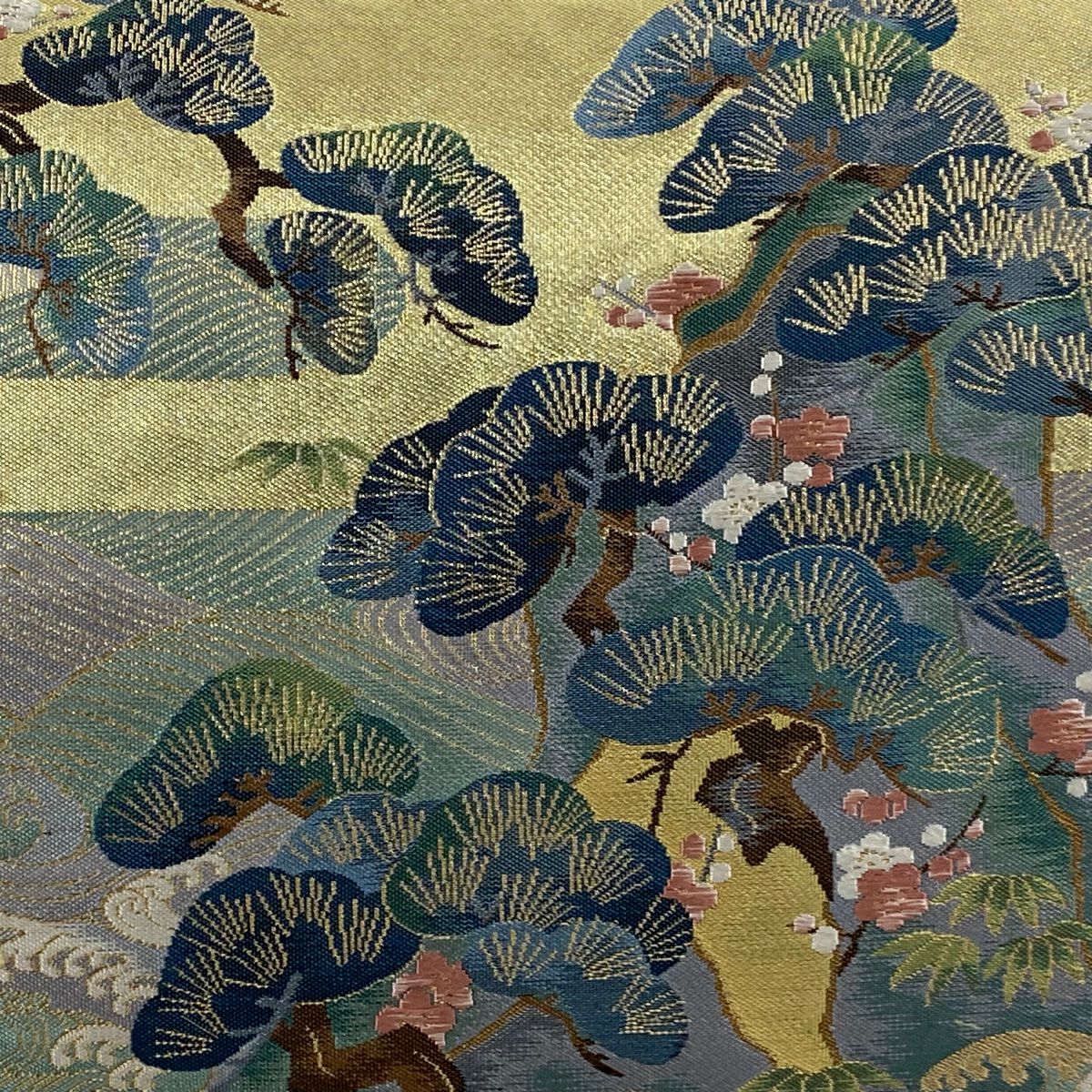 【美品】 袋帶 秀品級 落款あり 松樹竹子梅花 仙鶴 金金箔 金絲 灰綠 お太鼓柄 純蠶絲