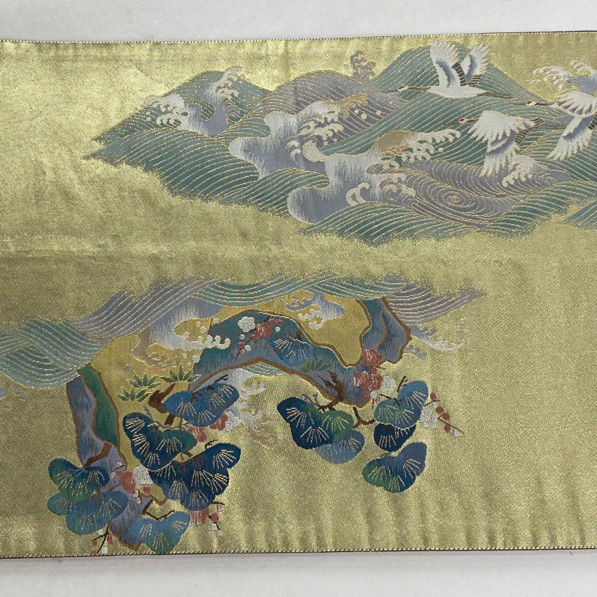 【美品】 袋帶 秀品級 落款あり 松樹竹子梅花 仙鶴 金金箔 金絲 灰綠 お太鼓柄 純蠶絲