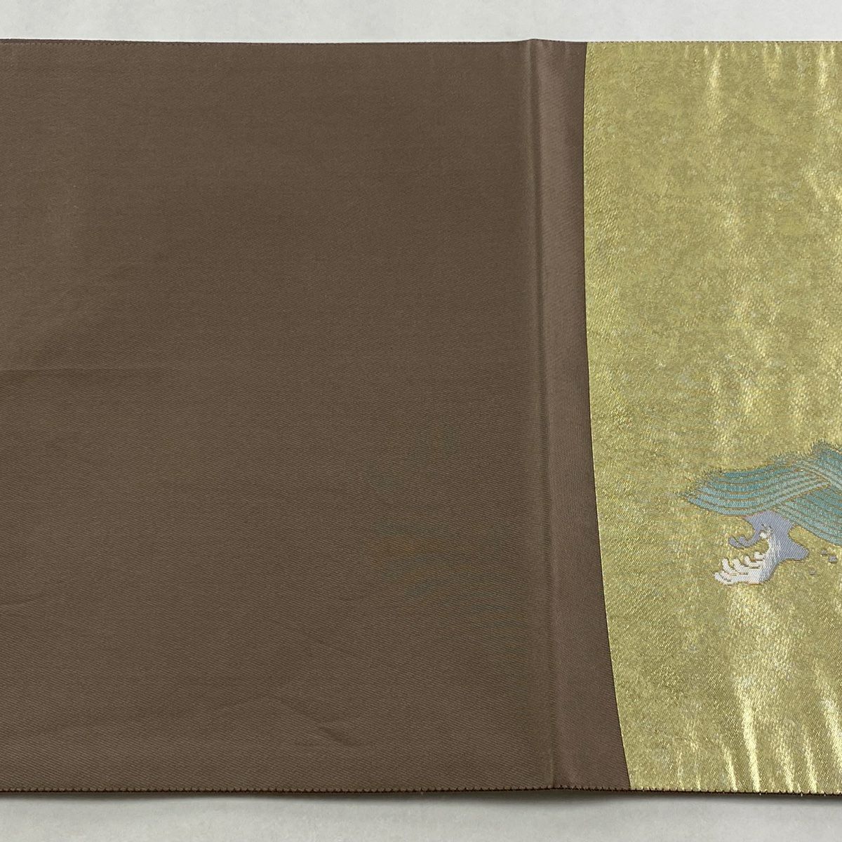 【美品】 袋帶 秀品級 落款あり 松樹竹子梅花 仙鶴 金金箔 金絲 灰綠 お太鼓柄 純蠶絲