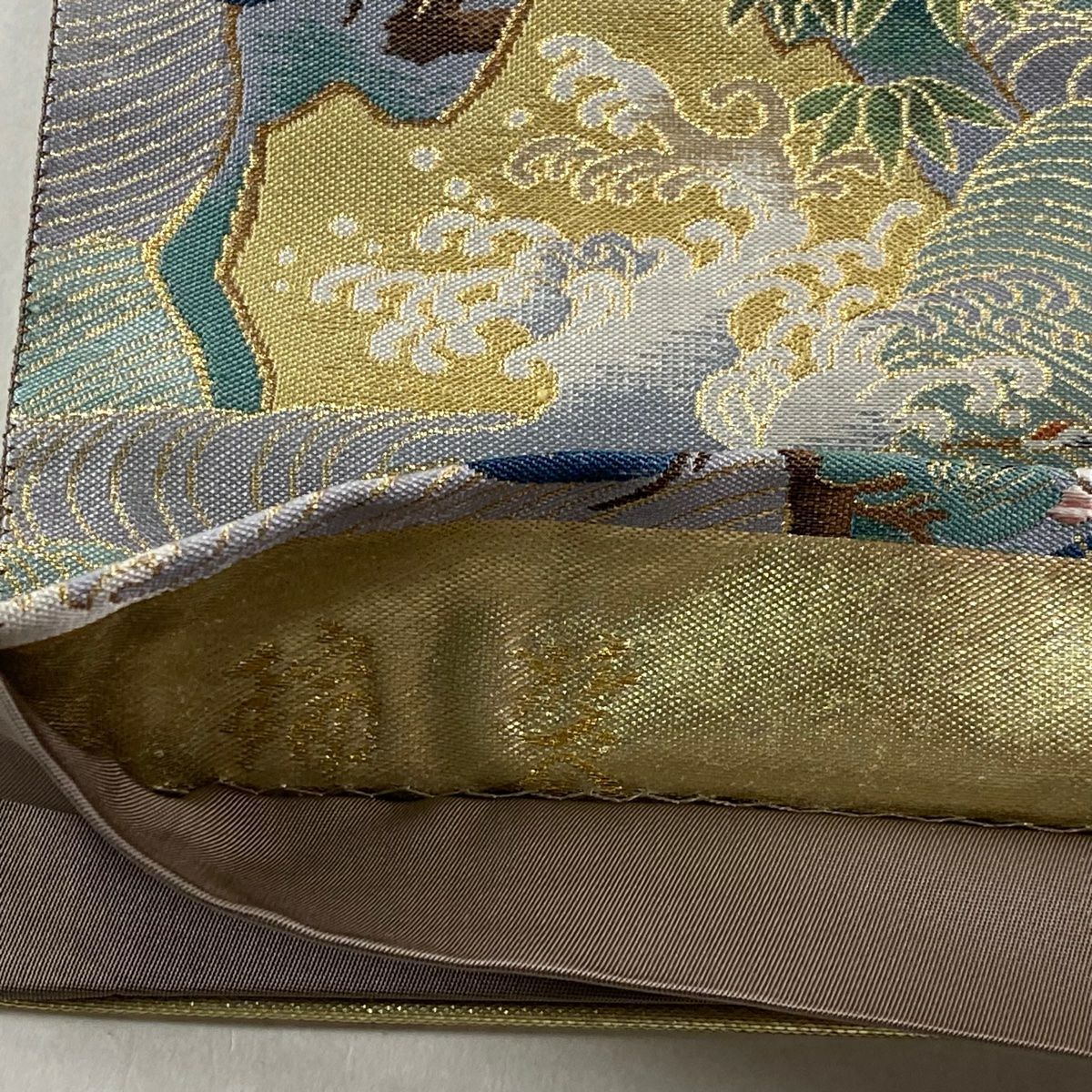 【美品】 袋帶 秀品級 落款あり 松樹竹子梅花 仙鶴 金金箔 金絲 灰綠 お太鼓柄 純蠶絲