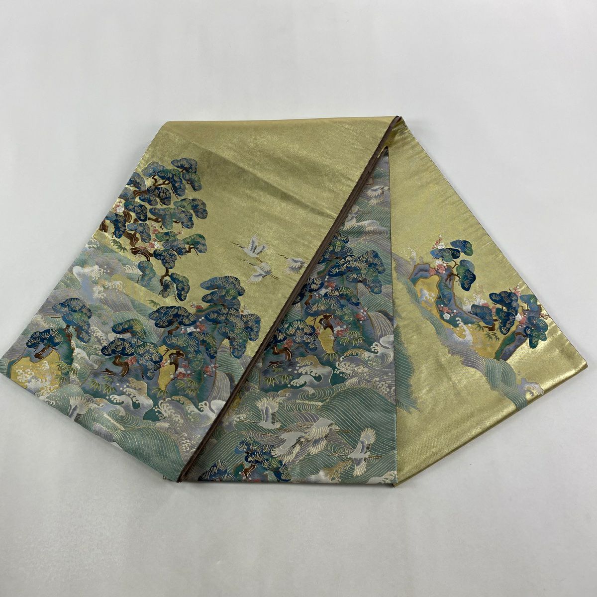 【美品】 袋帶 秀品級 落款あり 松樹竹子梅花 仙鶴 金金箔 金絲 灰綠 お太鼓柄 純蠶絲