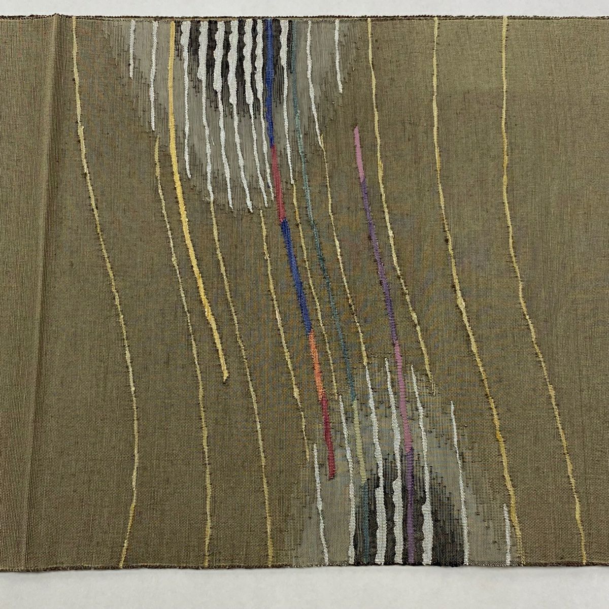 【美品】名古屋帶 秀品級 松樹葉仕立 八寸名古屋帶 紬織織地 縞 幾何學圖案 金銀彩 灰綠 純蠶絲