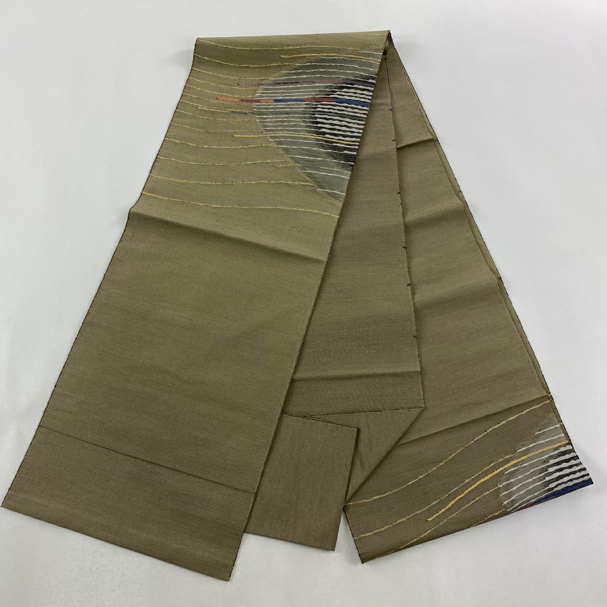 【美品】名古屋帶 秀品級 松樹葉仕立 八寸名古屋帶 紬織織地 縞 幾何學圖案 金銀彩 灰綠 純蠶絲