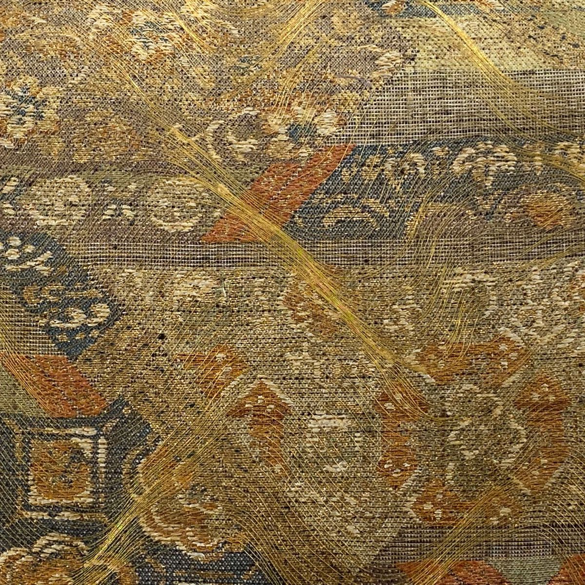 【美品】 袋帶 逸品級 蜀江文 草花紋 金糸 金金箔 薄小豆 お太鼓柄 純蠶絲