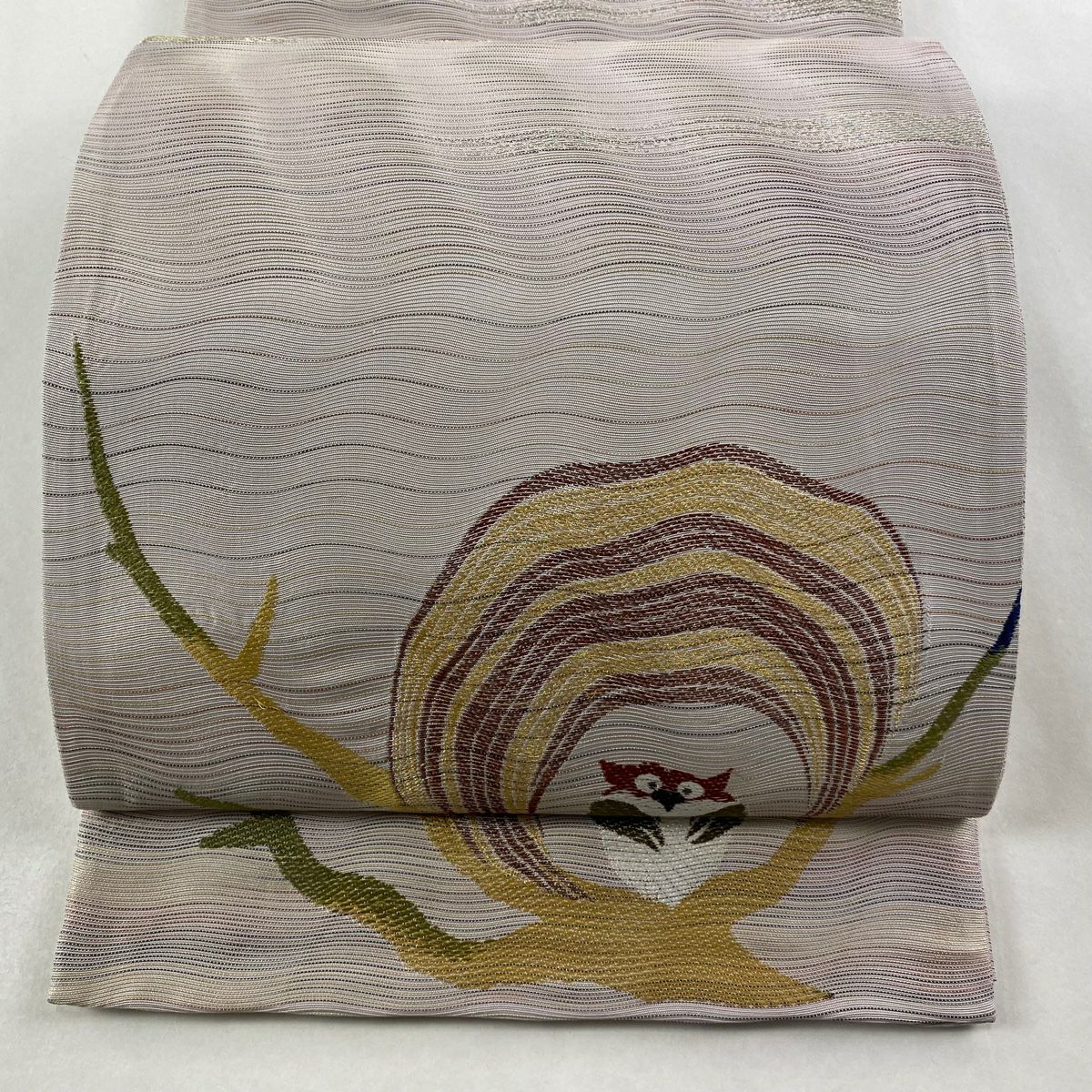 【美品】 袋帶 逸品級 貓頭鷹 霞 金銀彩 拉麵絲 淺紫色 大鼓圖案 純蠶絲