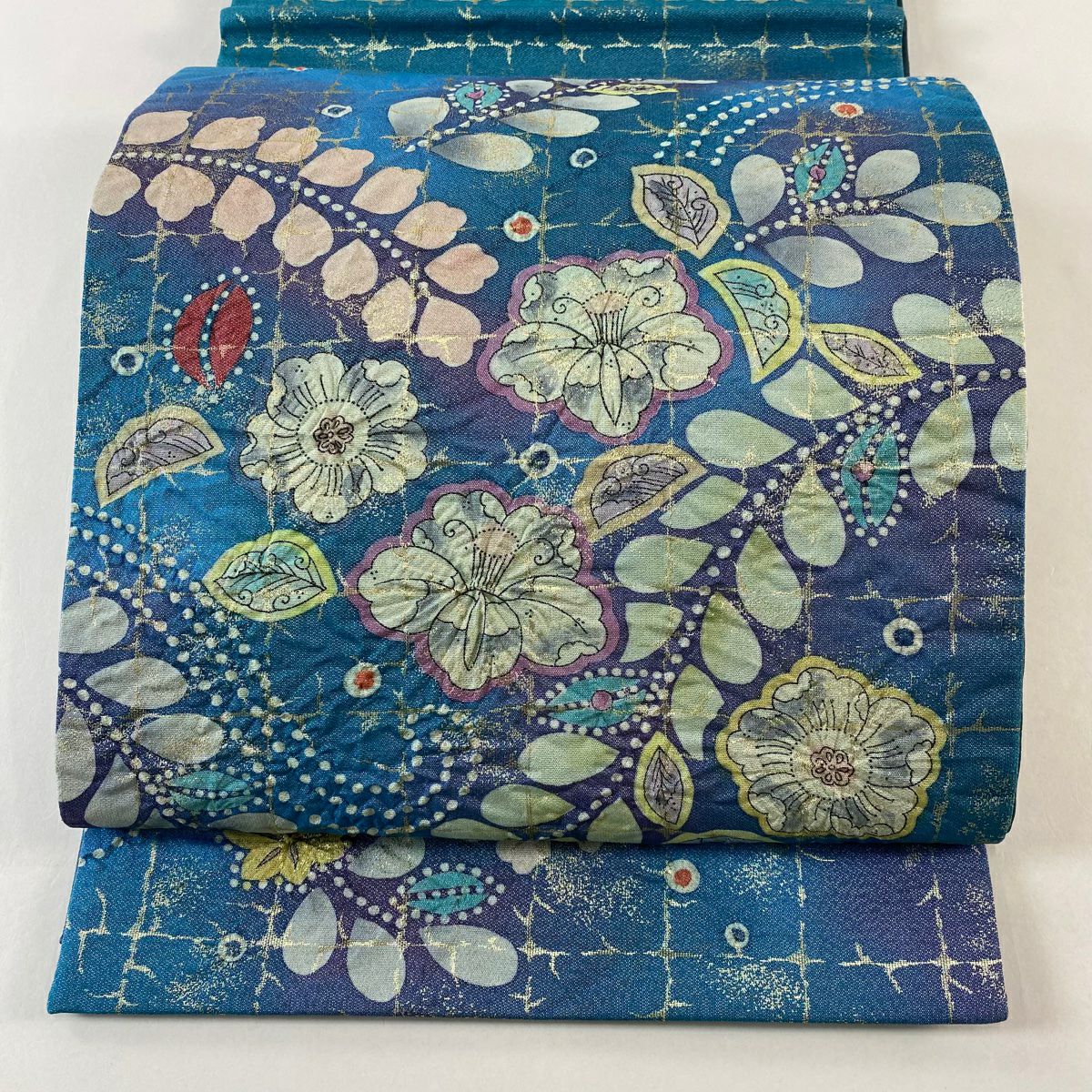 【美品】 袋帶 名品級 落款あり 辻花染 金絲 金金箔 青綠 お太鼓柄 純蠶絲