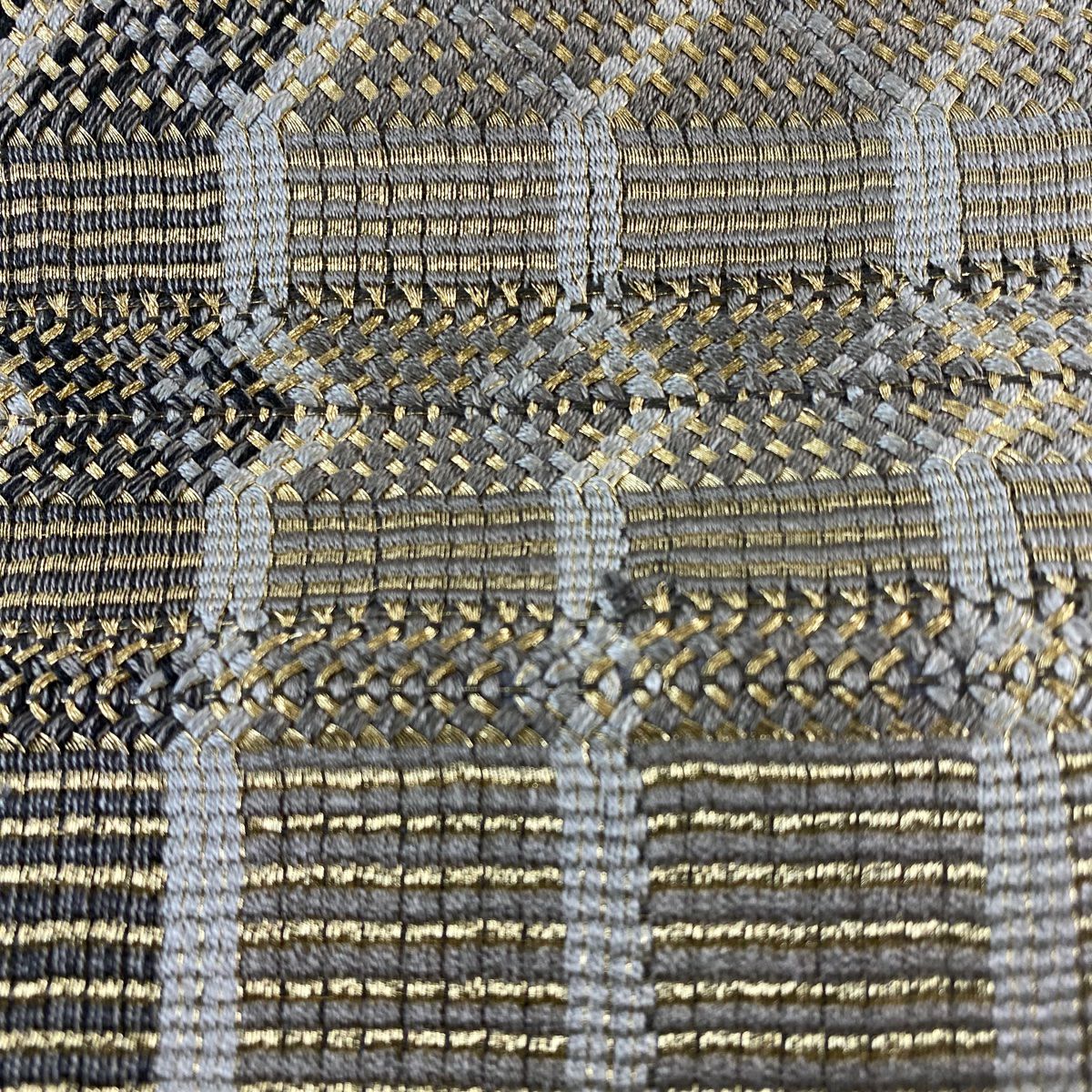 【美品】 袋帶 名品級 ますいわ屋 縞 幾何學 金絲 鶯綠色 お太鼓圖案 純蠶絲
