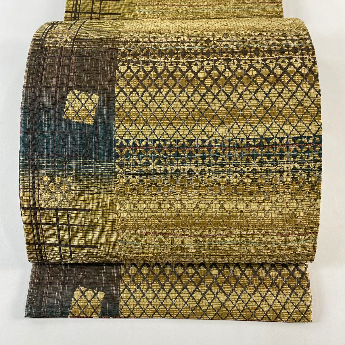 【美品】 袋帶 名品級 雙面 七寶紋 斜格 山吹茶 純蠶絲