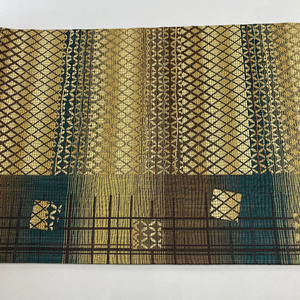 【美品】 袋帶 名品級 雙面 七寶紋 斜格 山吹茶 純蠶絲