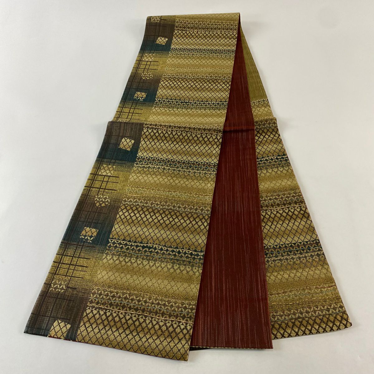 【美品】 袋帶 名品級 雙面 七寶紋 斜格 山吹茶 純蠶絲