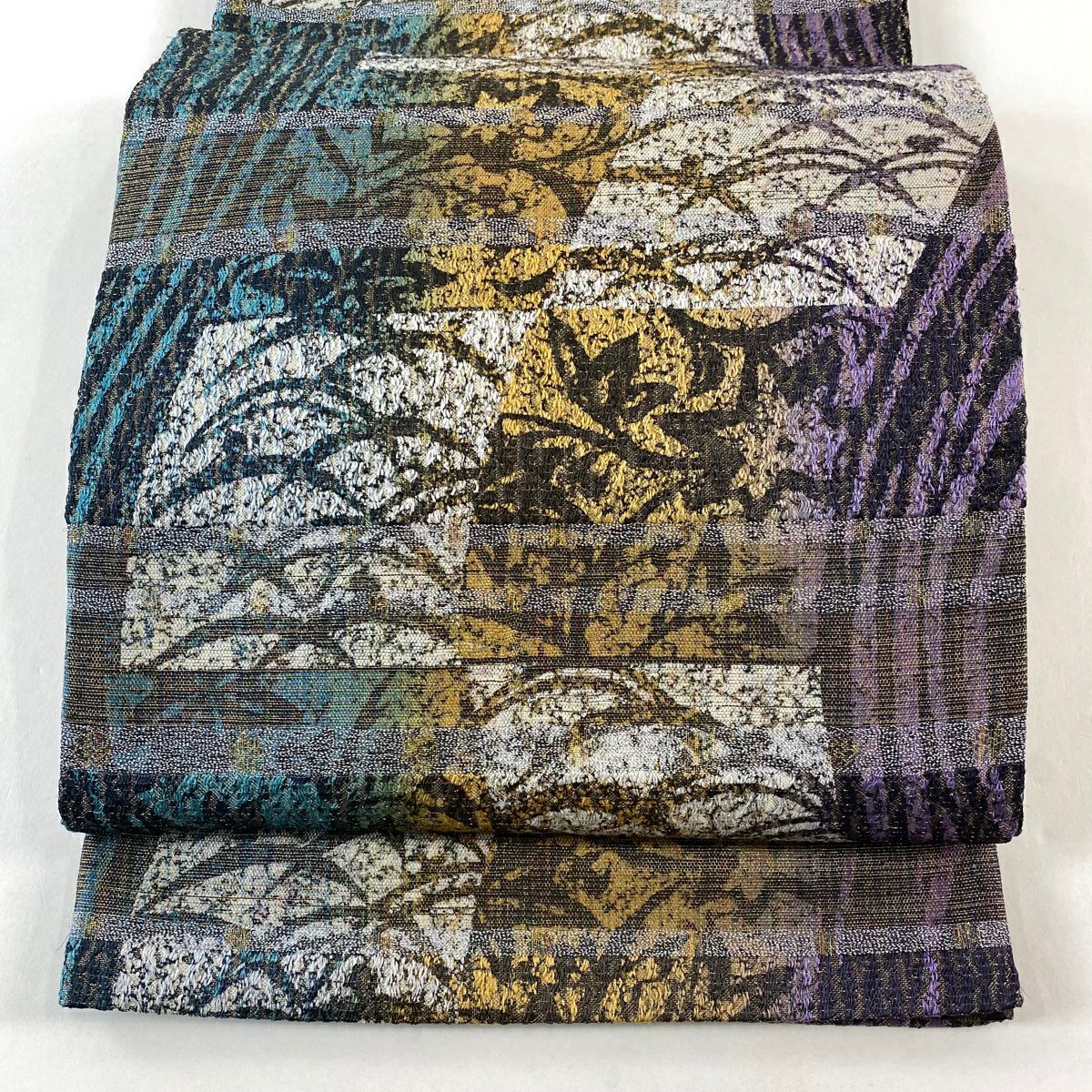 【美品】 袋帶 名品級 芝 幾何學 金絲 灰紫 六通 純蠶絲